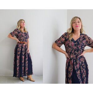 1990's Vintage Nostalgia Crinkle Floral Indian Rayon Dress Women's SM to MD 90s